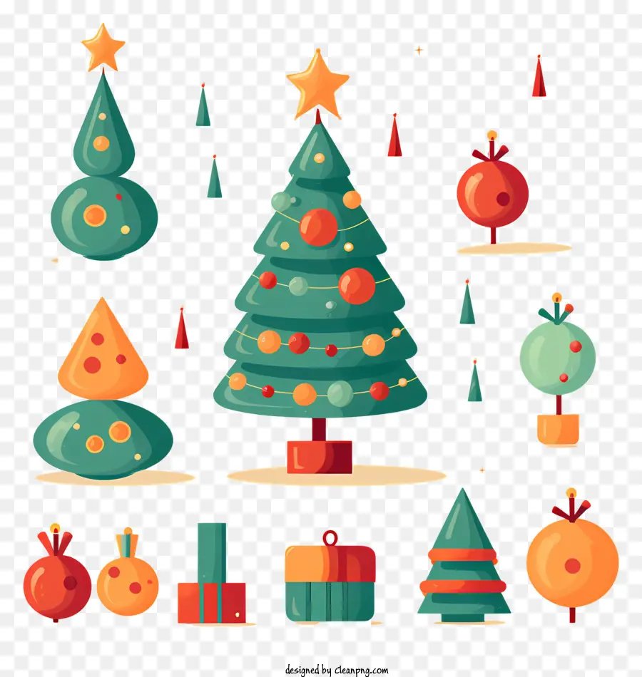 L'albero di natale decorazioni - Elementi festivi colorati su sfondo nero, stile disegnato a mano