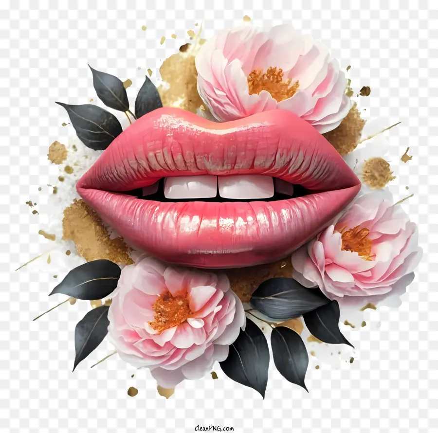 Pink Lippen weiße Blütenblätter Goldene Blütenblätter schöne Lippen Romantische Lippen - Weiche, romantische Lippen mit goldenen Blütenblättern und Flüssigkeit