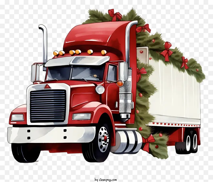 Weihnachtsdekoration - Bild von großem roten Lkw mit Weihnachtsdekorationen