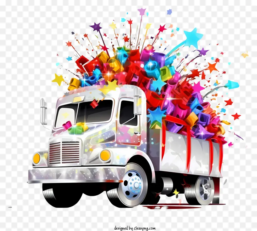 3D Illustration Semi Truck präsentiert Konfetti -Bänder - Buntes Konfetti und Geschenke, die vom beweglichen Lastwagen fallen