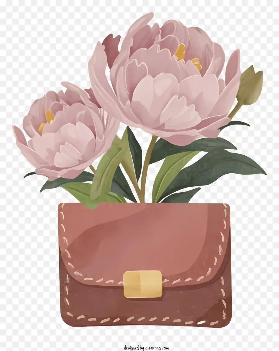 fiore rosa - Borsa in pelle marrone con fiore di cera rosa