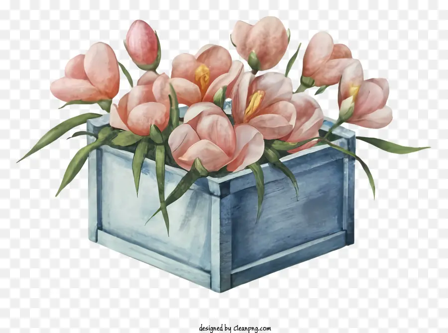 Frühlingsblumen - Aquarellmalerei von rosa Tulpen in Holzvase