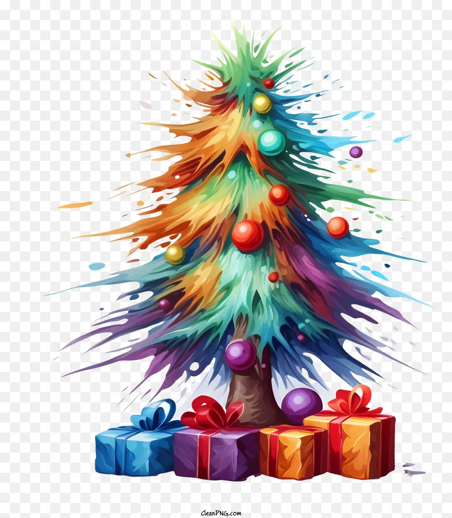 Buntes Band - Baum mit farbenfrohen Spritzern mit Geschenken bedeckt