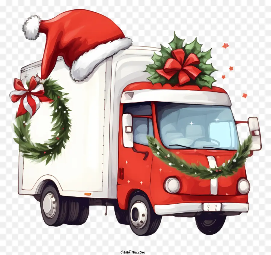 santa Hut - Roter Lieferwagen mit festlichen Dekorationen und Weihnachtsmütze