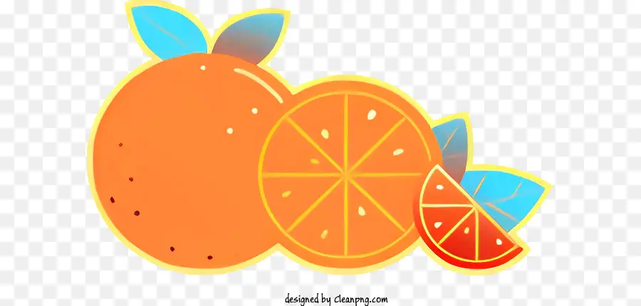 Orange Slice Cartoon Orange Realistische Früchte Bild bunte Orangenfruchtscheibene Illustration - Cartoonorange mit Scheiben und Blättern, farbenfroh
