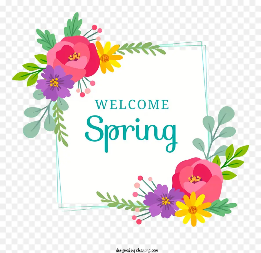 willkommen Frühling - Buntes Frühlingsbanner mit Blumen, Vögeln, Schmetterlingen