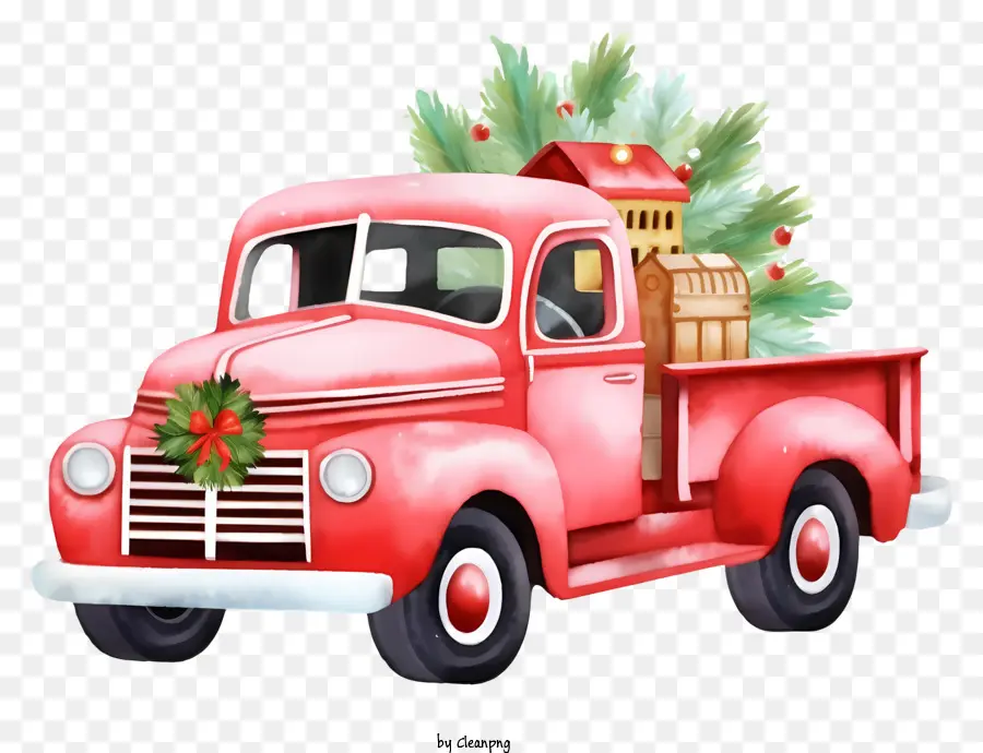 albero di natale - Camion rosso con albero di Natale, illustrazione di acquerelli