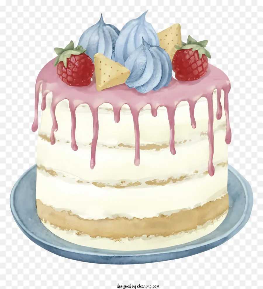 Kuchenblauer Teller weißer Kuchen rosa Frosthimbeeren - Blauer Teller mit weißem Kuchen, rosa Zuckerguss