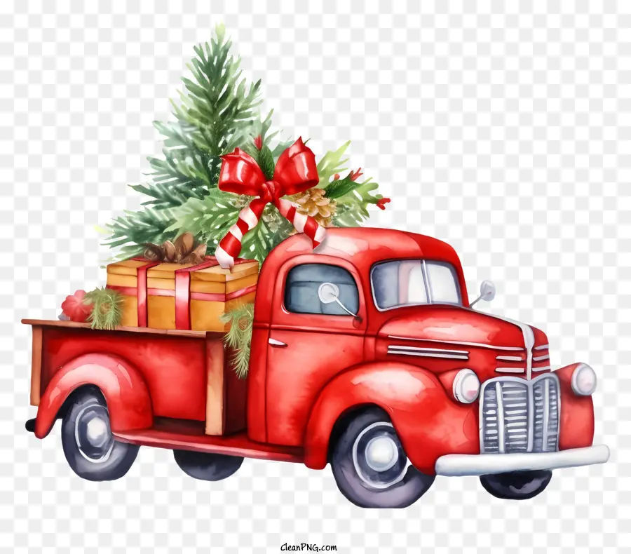 Weihnachtsbaum - Red Pickup mit Weihnachtsbaum und Gegenwart