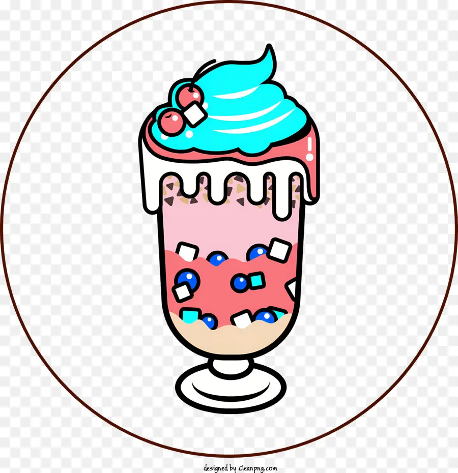 cartoon illustration glass with pink drink blue and pink ice cream cherries whipped cream