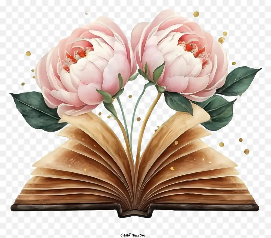 libro aperto - Primo piano del libro aperto con le peonie rosa