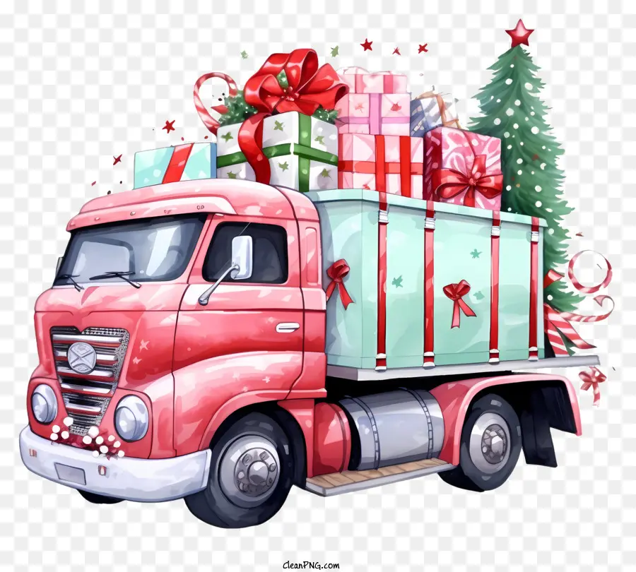 quà giáng sinh - Hình ảnh màu nước của xe tải màu đỏ với quà tặng