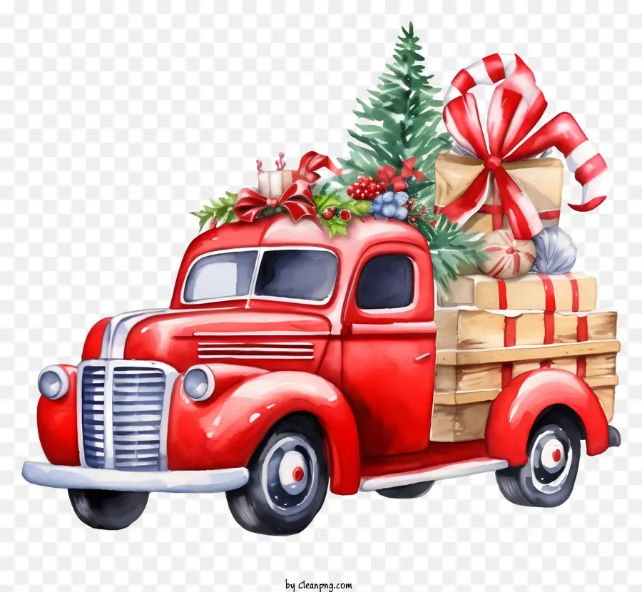 camion natalizio Babbo Natale che guida regali festivi nastro e fiocchi di carta per festività natalizi - Babbo Natale che guida il pickup rosso con regali, tema natalizio