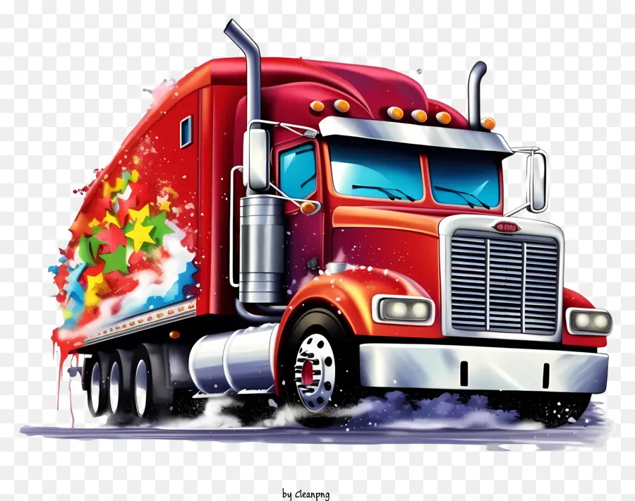 luci di natale - Grande camion semi rosso con decorazioni natalizie