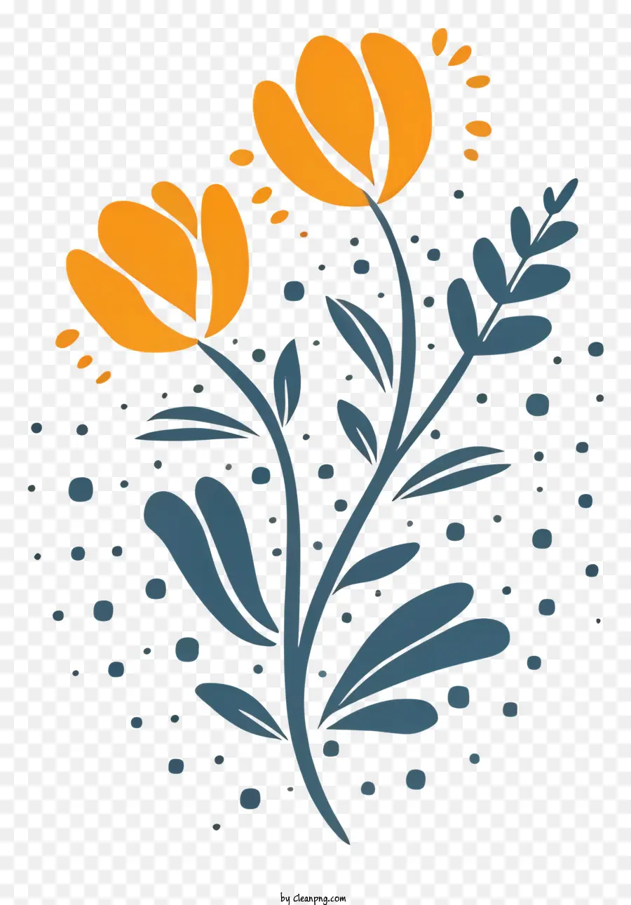 florales Design - Zwei orangefarbene Blumen auf schwarzem Hintergrund mit Punkten