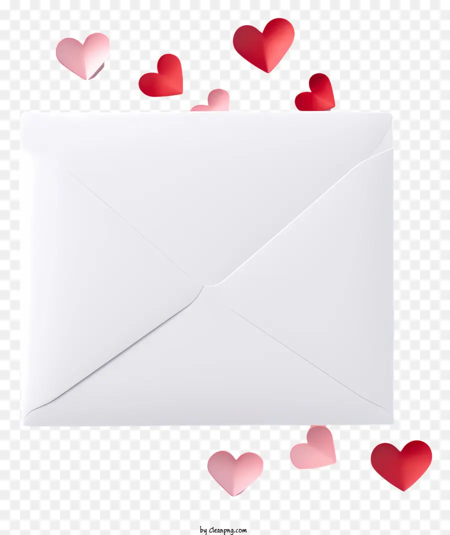 Valentinstag - Umschlag mit rotem Herzen und verstreuten rosa Herzen. 
Liebesbotschaft oder Brief