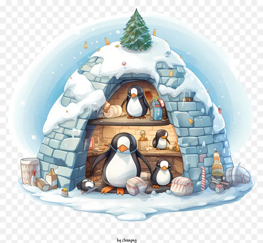 albero di natale - Pinguini felici che celebrano il Natale in un igloo