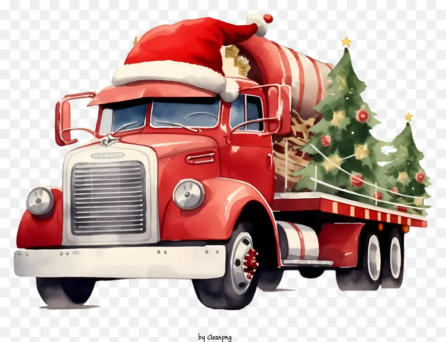 santa claus mũ - Xe tải màu đỏ với mũ ông già Noel và quà