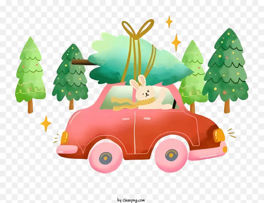 Weihnachtsbaum - Rotes Auto mit Weihnachtsbaum im Wald fahren