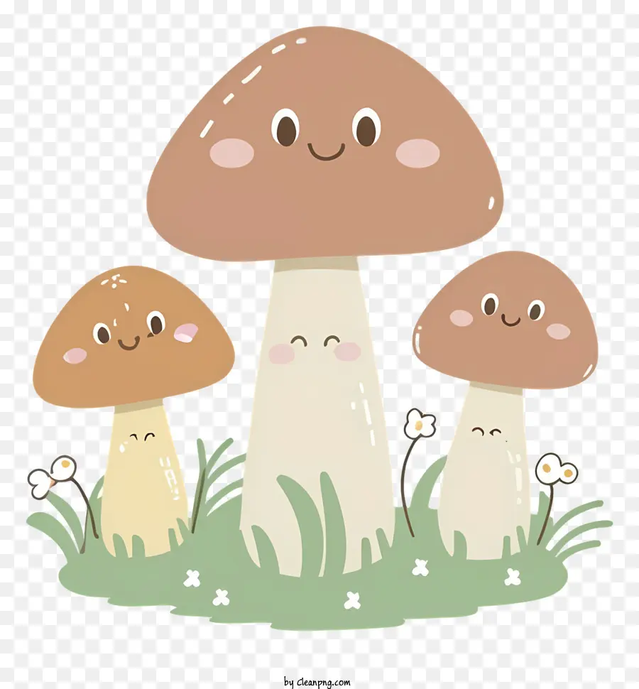 Pilze Gras Wildblumen lächeln Pilze Hüte - Drei glückliche Pilze mit Hüten im Feld