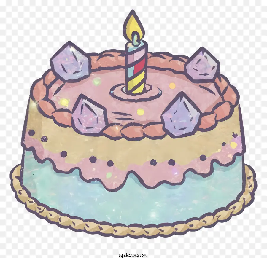 Geburtstagskuchen - Farbenfroher Kuchen mit brenner Kerze, glänzend und nass