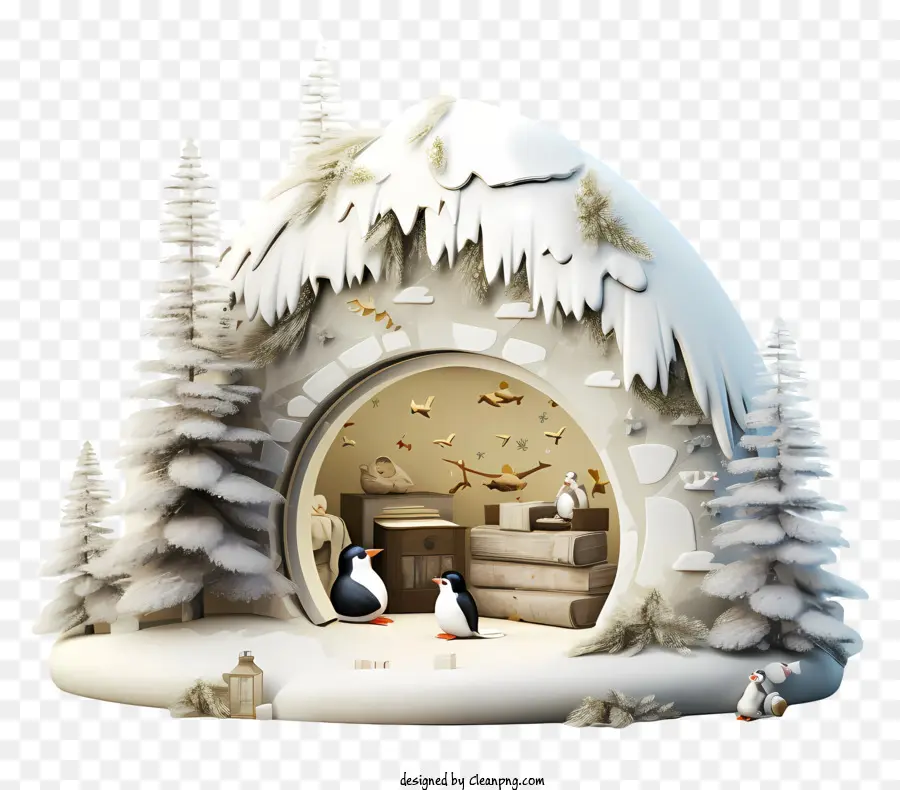 Castello di ghiaccio ricoperto di neve I pinguini della foresta invernale in neve accoglieno la cabina invernale - Castello di ghiaccio nevoso con pinguini e camino