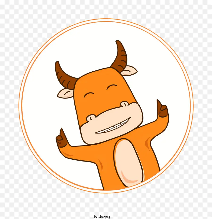 Cartoon Bull Hörner Hut lächelte Bulle Hände hoch - Buntes Zeichentrickbulle mit erhöhten Händen und Hut