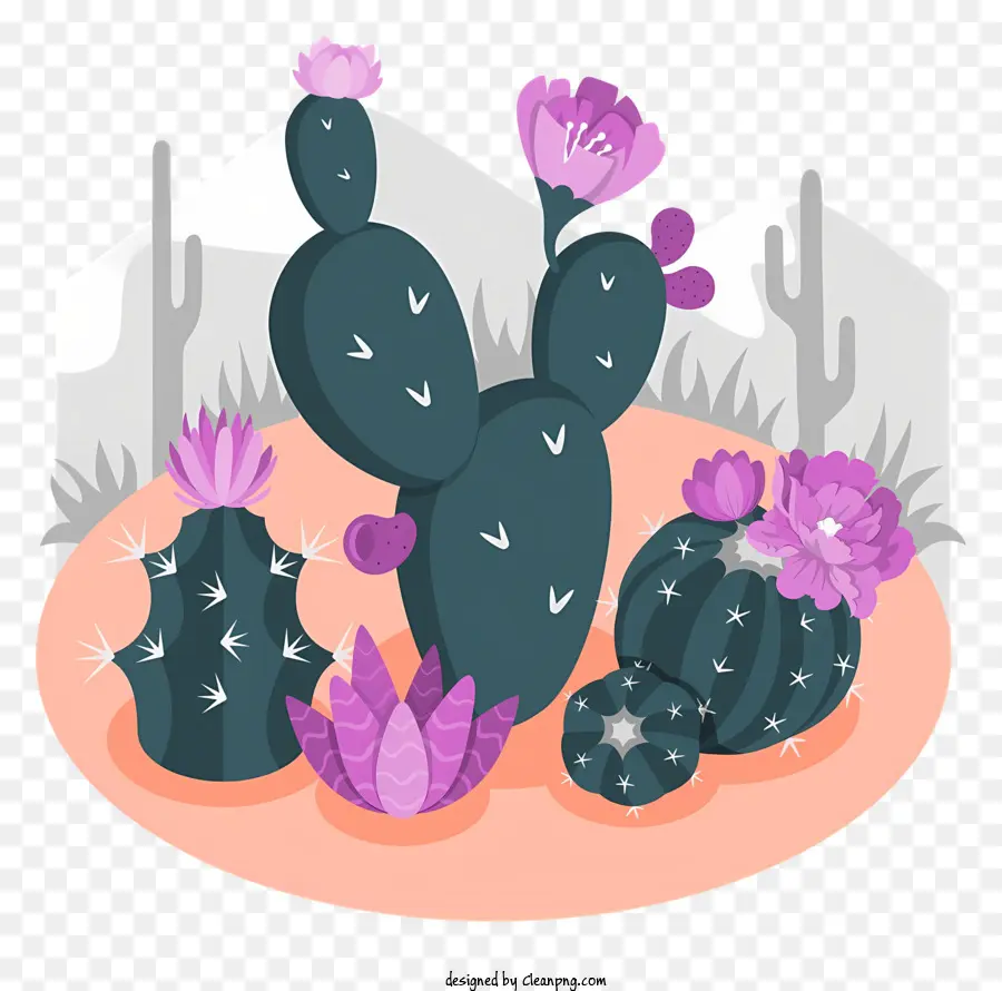 Cactus Piante Desert Paesaggio Montagne Rocciose Montagne Blooming Scenerio del deserto di Cactus - Le piante di cactus fioriscono nel deserto roccioso con le montagne