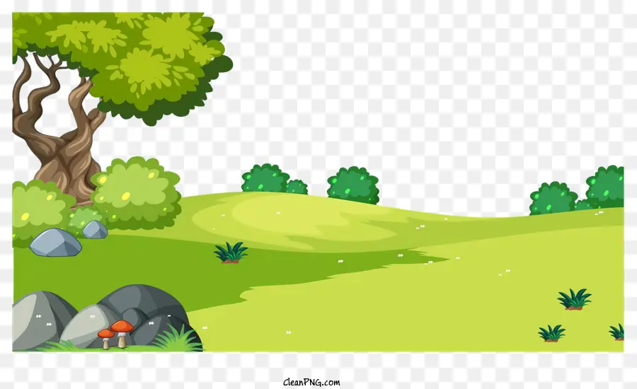 peaceful landscape idyllic scenery tree-covered hill meadow view scattered rocks