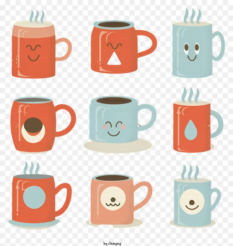 Tassen mit glücklichen Gesichtern Tassen mit wütenden Gesichtern Tassen mit neutralen Gesichtern Keramikbecher Plastikbecher - Sechs Tassen mit unterschiedlichen Ausdrücken, Materialien, Temperaturen