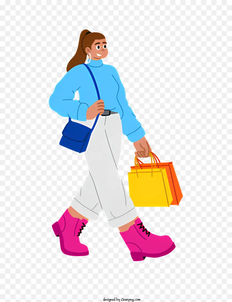 Túi mua sắm phụ nữ áo sơ mi màu xanh quần jean màu hồng - Người phụ nữ tự tin đi bộ với túi mua sắm đầy màu sắc