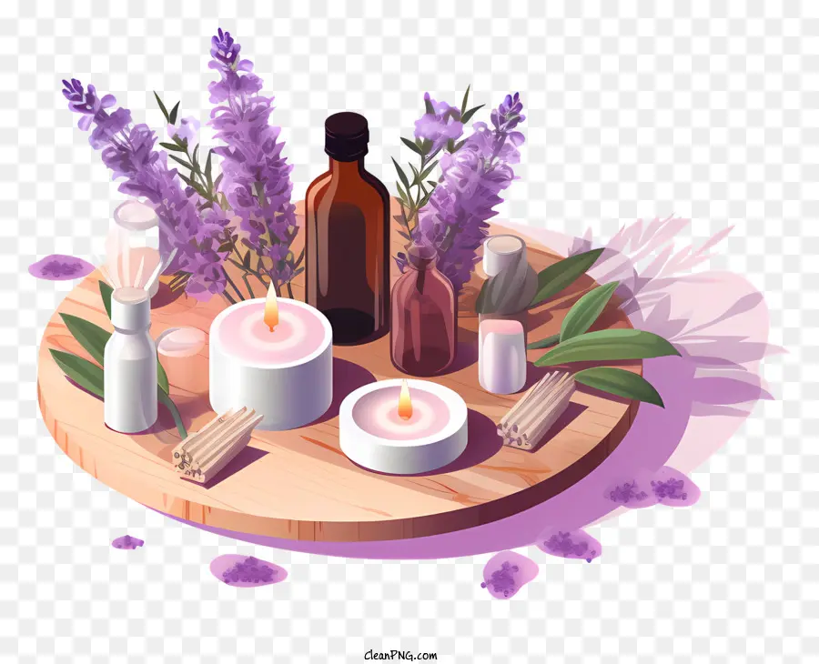 Oli essenziali candele Sticchi profumati Verbo - Oli essenziali viola e blu e candele su vassoio di legno con fiori