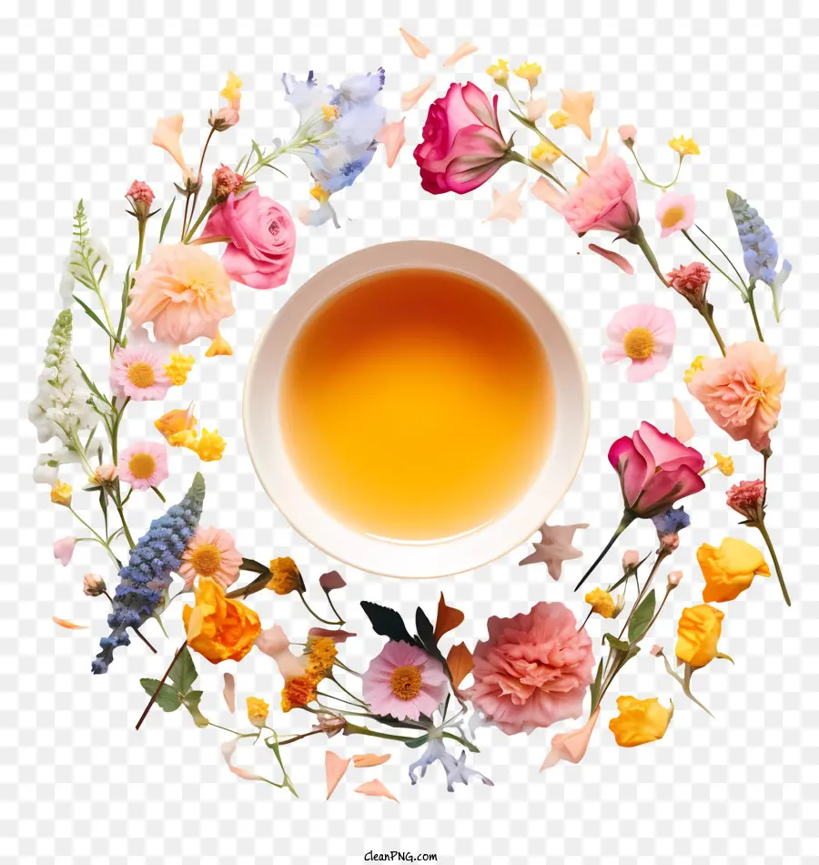 tazza di tè di tè a tazza bianca flussi selvatici Daisies - Sfondo nero con tazza bianca e fiori selvatici