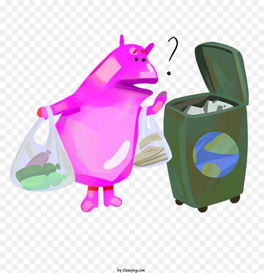 Pink Monster Müll Can Müll überraschte Ausdruck Cartoon Charakter - Rosa Monster, die Mülldose mit Müll hält