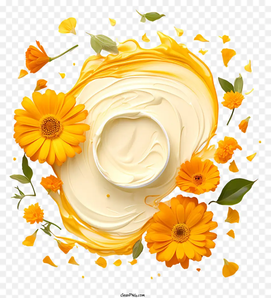 whipped cream container frothy consistency yellow flowers leaves