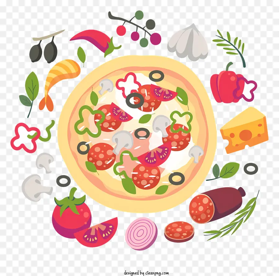 Ingredienti per pizza Pomodori Funghi olive - Immagine di un pasto pizza cotto e carico di condimenti