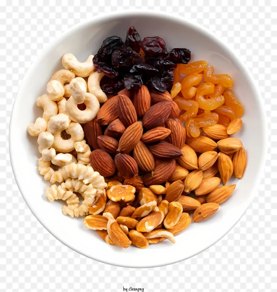 Các loại hạt hỗn hợp và trái cây khô hạnh nhân quả óc chó giống như nho khô - Bát hạt đầy màu sắc và trái cây khô