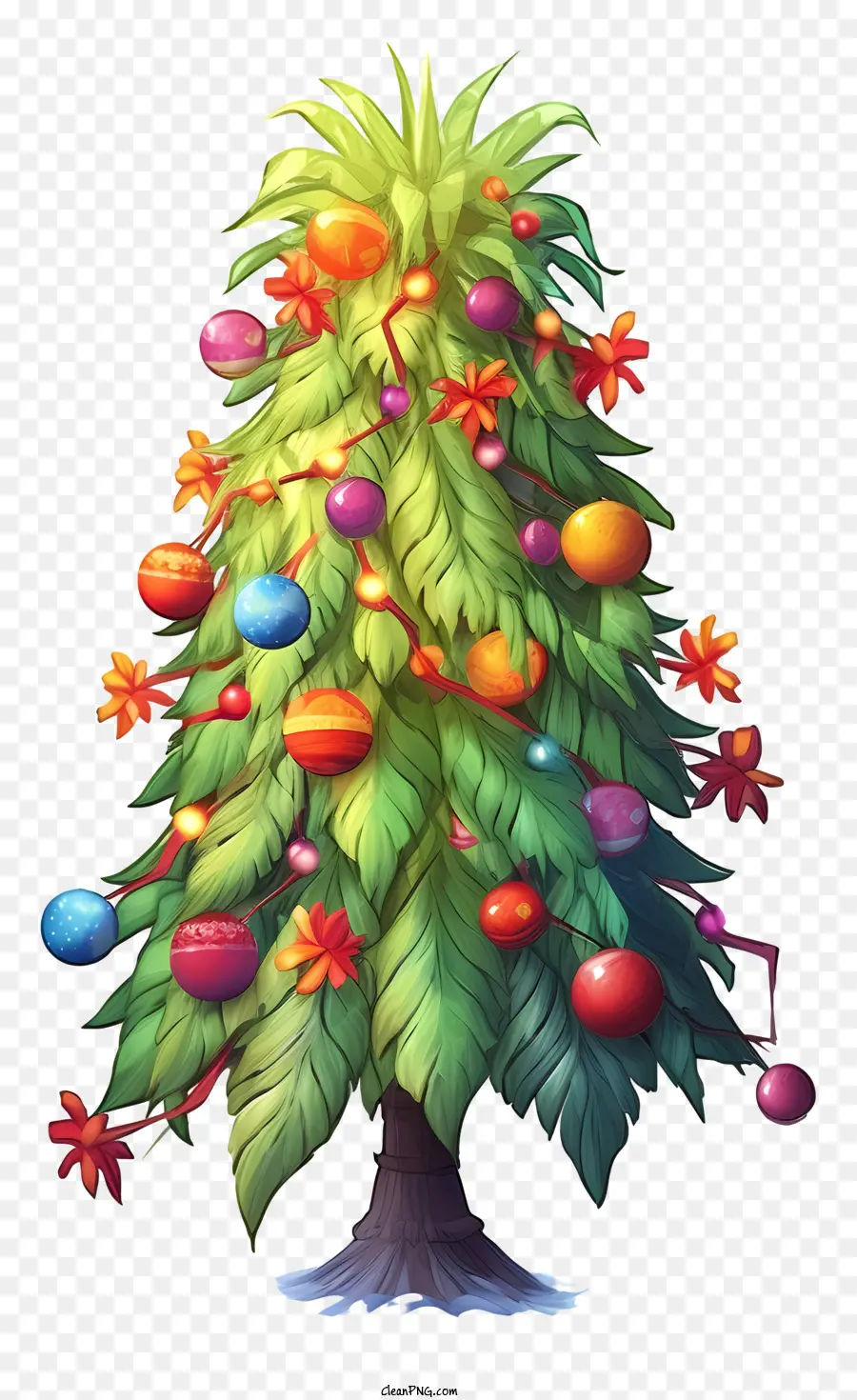 Weihnachtsbaumschmuck - Realistisches Bild des Weihnachtsbaums mit bunten Ornamenten