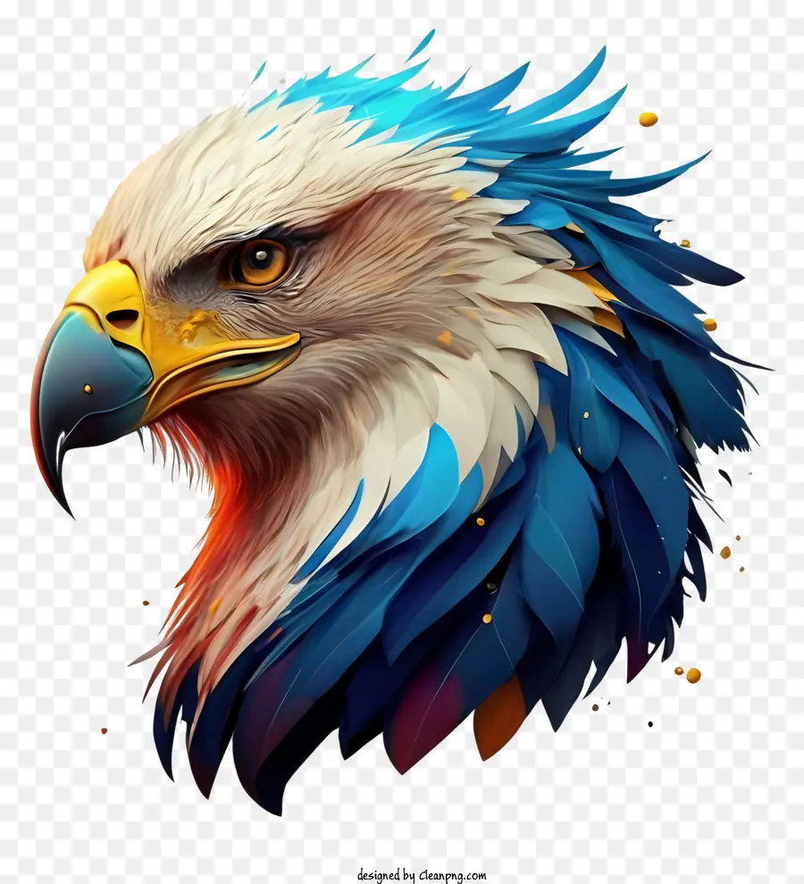 Eagle Head gefiedert Eagle Blau und Orangenfeder pierende Augen gebogener Schnabel - Buntes Adlerkopf mit durchdringenden Augen auf schwarzen Hintergrund