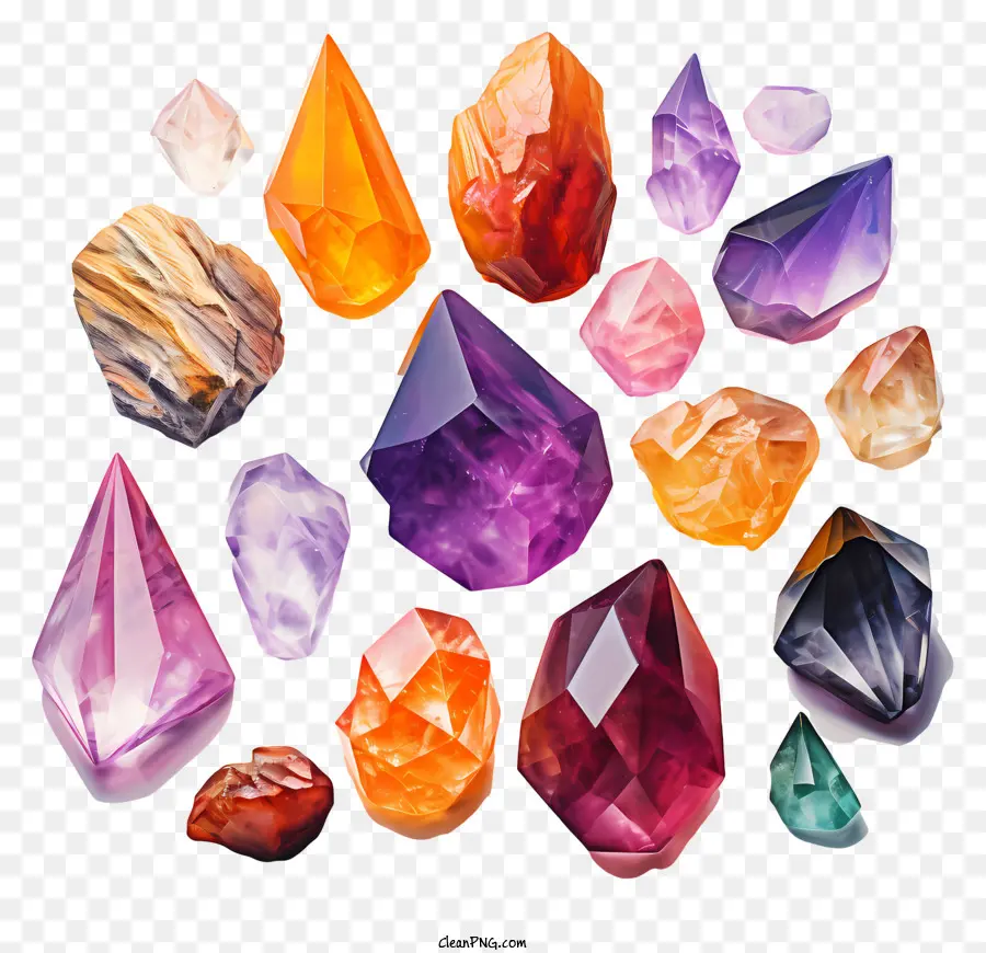 Farbige Kristalle gelbe Kristalle rosa Kristalle lila Kristalle Orangenkristalle - Farbenfrohe Kristallgruppe im kreisförmigen Muster angeordnet