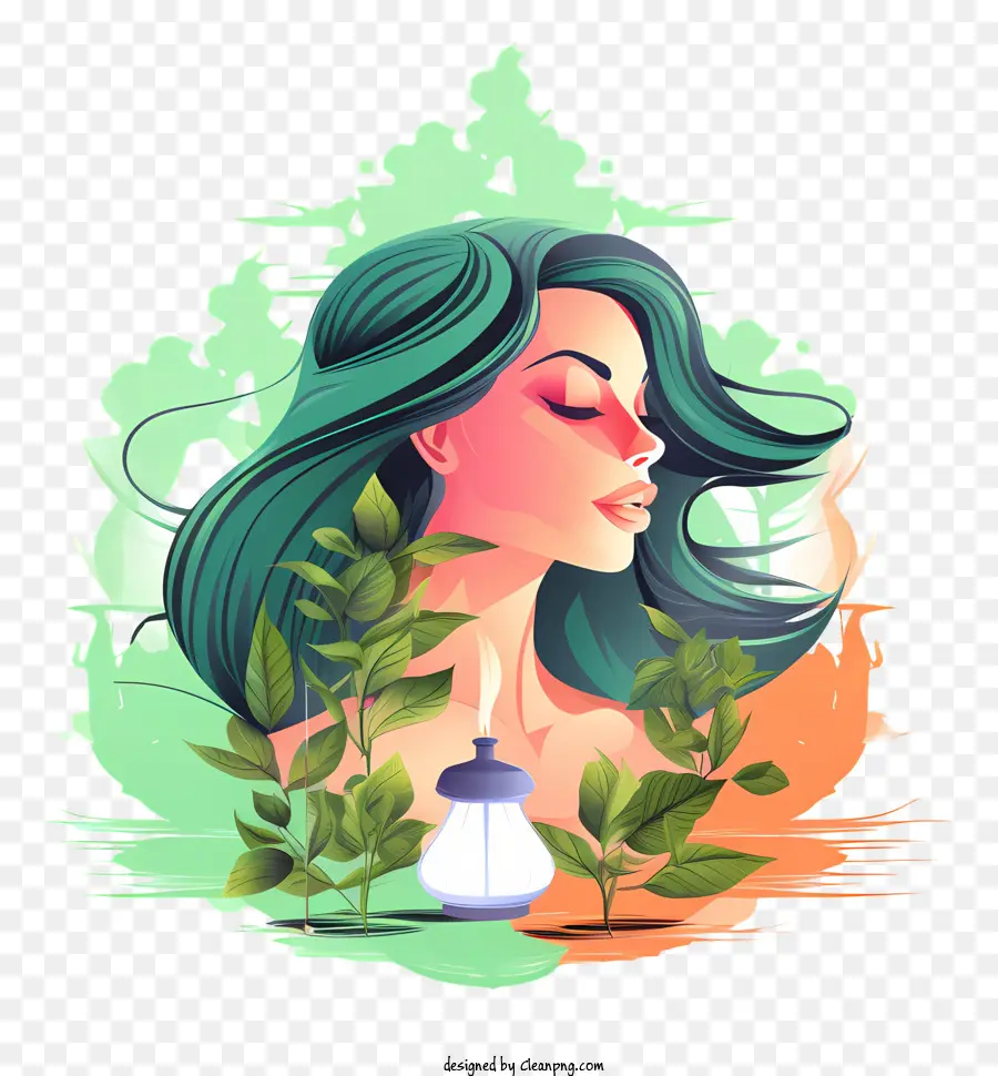 grüne Haare blaue Augen gelassen Ausdruck friedlicher Körpersprache ruhiger Blick - Friedliche Frau umgeben von grünen Blättern und Laterne