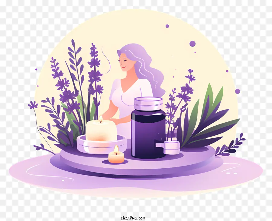 massaggio olio di lavanda donna vetro d'acqua candele - Illustrazione della donna che riceve un massaggio con olio di lavanda