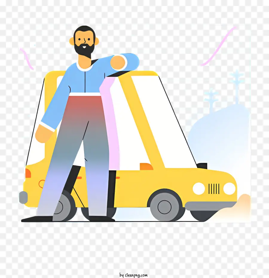 man yellow car beard black shirt blue pants