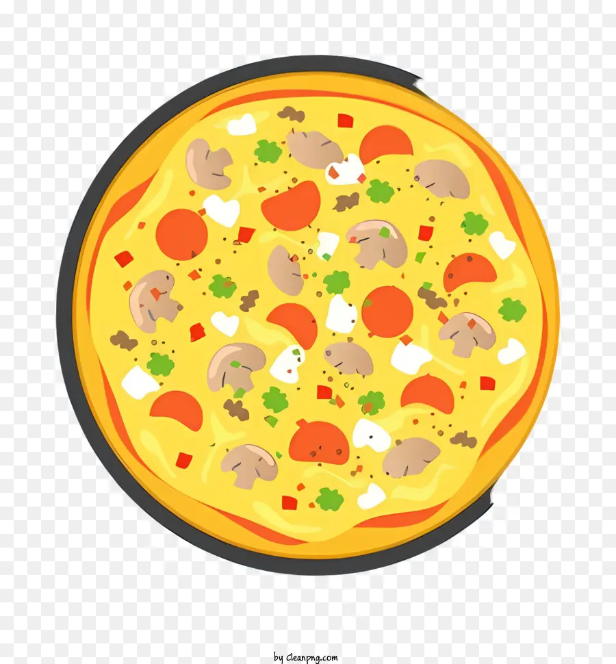 Pizza al salame piccante - Immagine della pizza con condimenti assortiti su piastra nera, accompagnata da posate, su sfondo nero