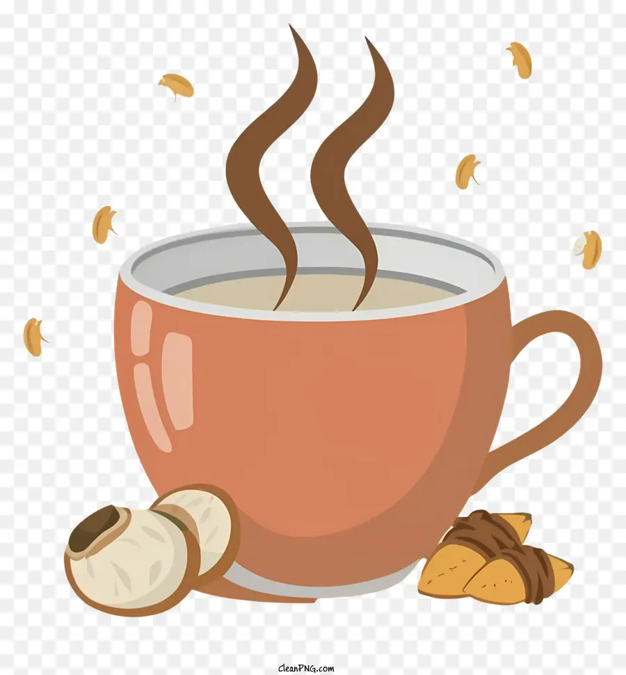 Kaffee - Kaffeetasse mit Dampf umgeben von Nüssen