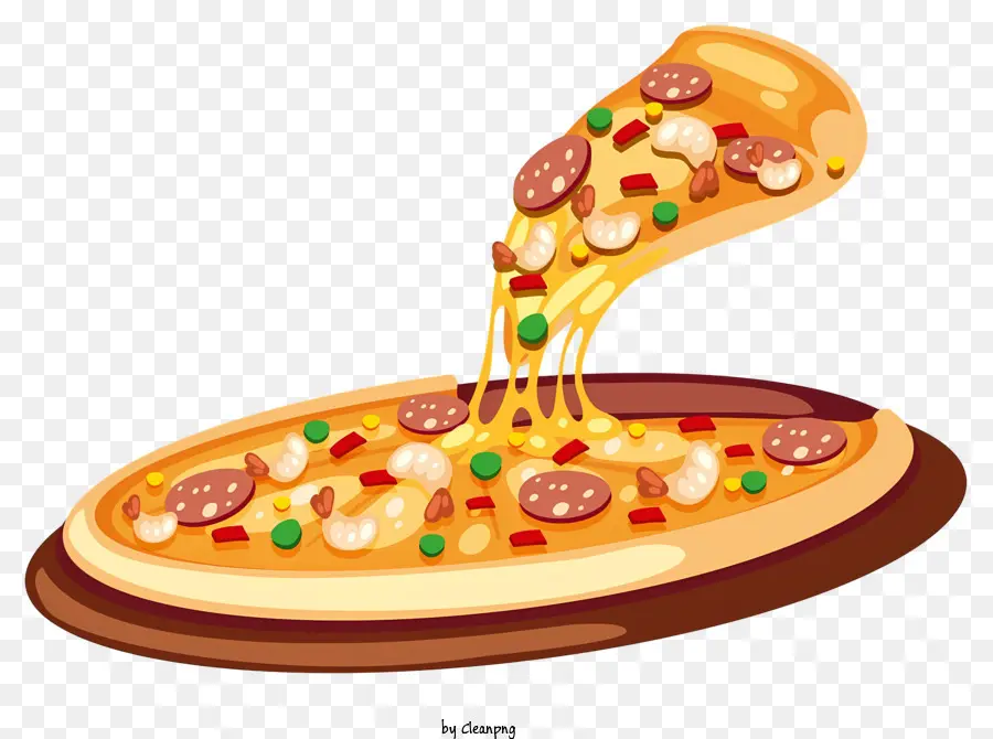 Pizza -Toppings Fleisch Gemüse Käse - Bunte Cartoon -Pizza mit verschiedenen Belägen serviert