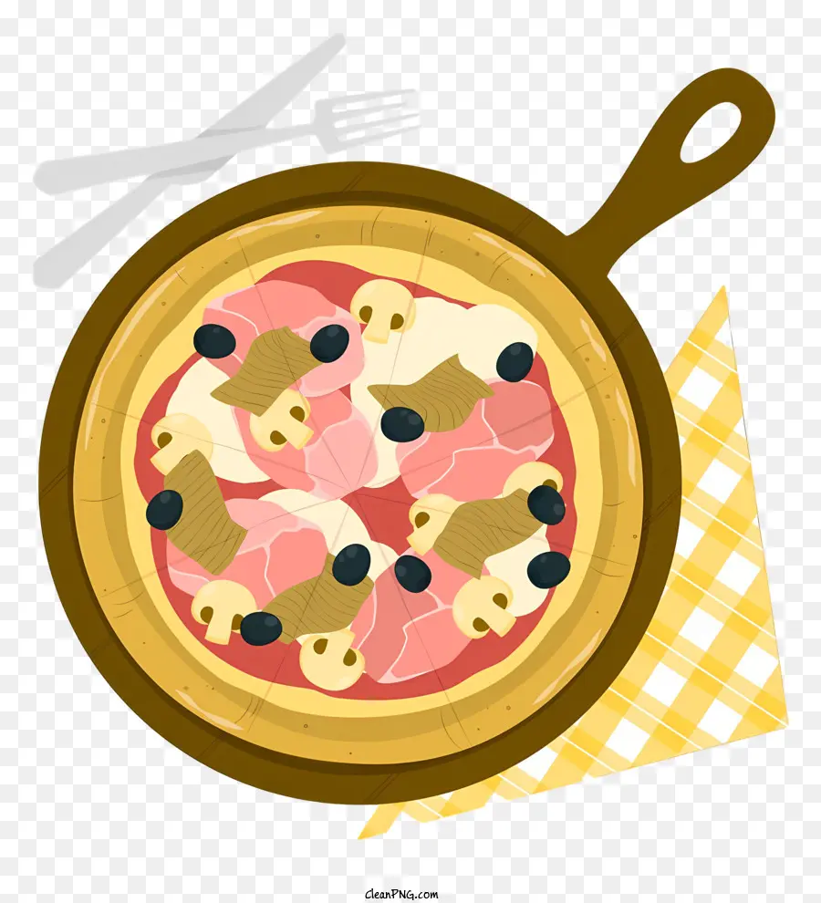 Pizza -Plattengabelmesser -Serviette - Pizza mit Gemüse, Pasta und Salat auf Schwarz