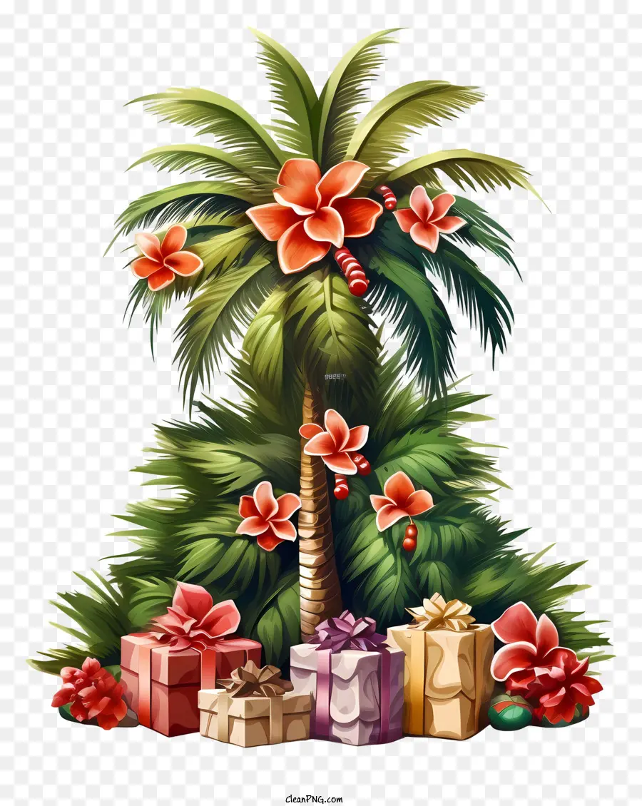 Palme - Palme mit Blumen, Geschenke auf dem Boden