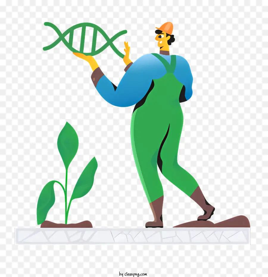 DNA -Struktur Beton Wandgrüne Overalls Grüne Hemd Red Hat - Der Mann in grünen Overalls hält einen langen DNA -Strang