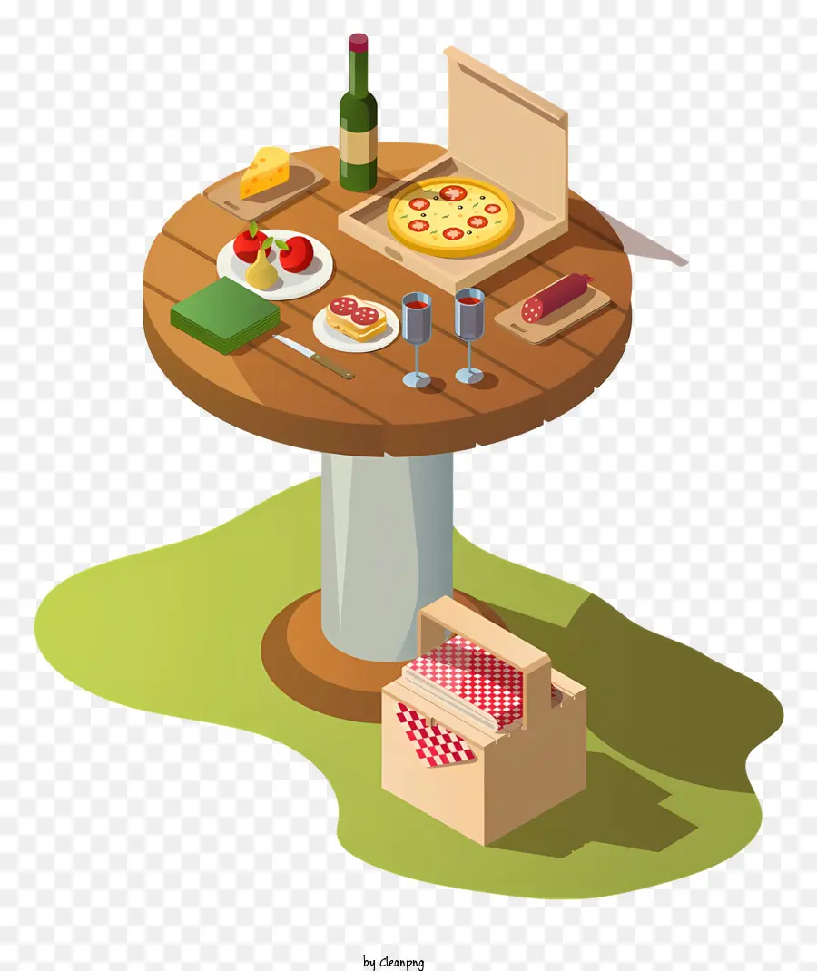 bàn gỗ - Hình ảnh isometric của bàn với pizza và rượu